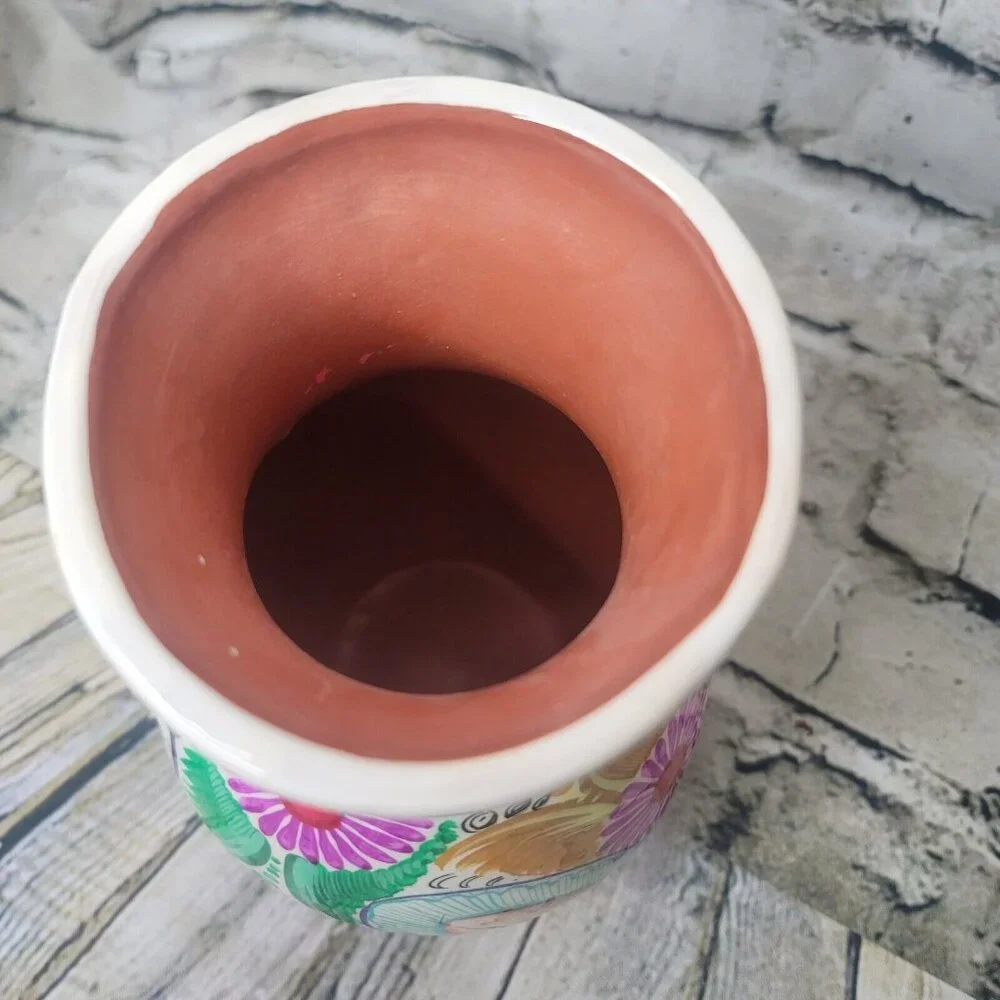 Mexican Folk Art Bright Vase Hand Painted Red Clay Pottery 7.5